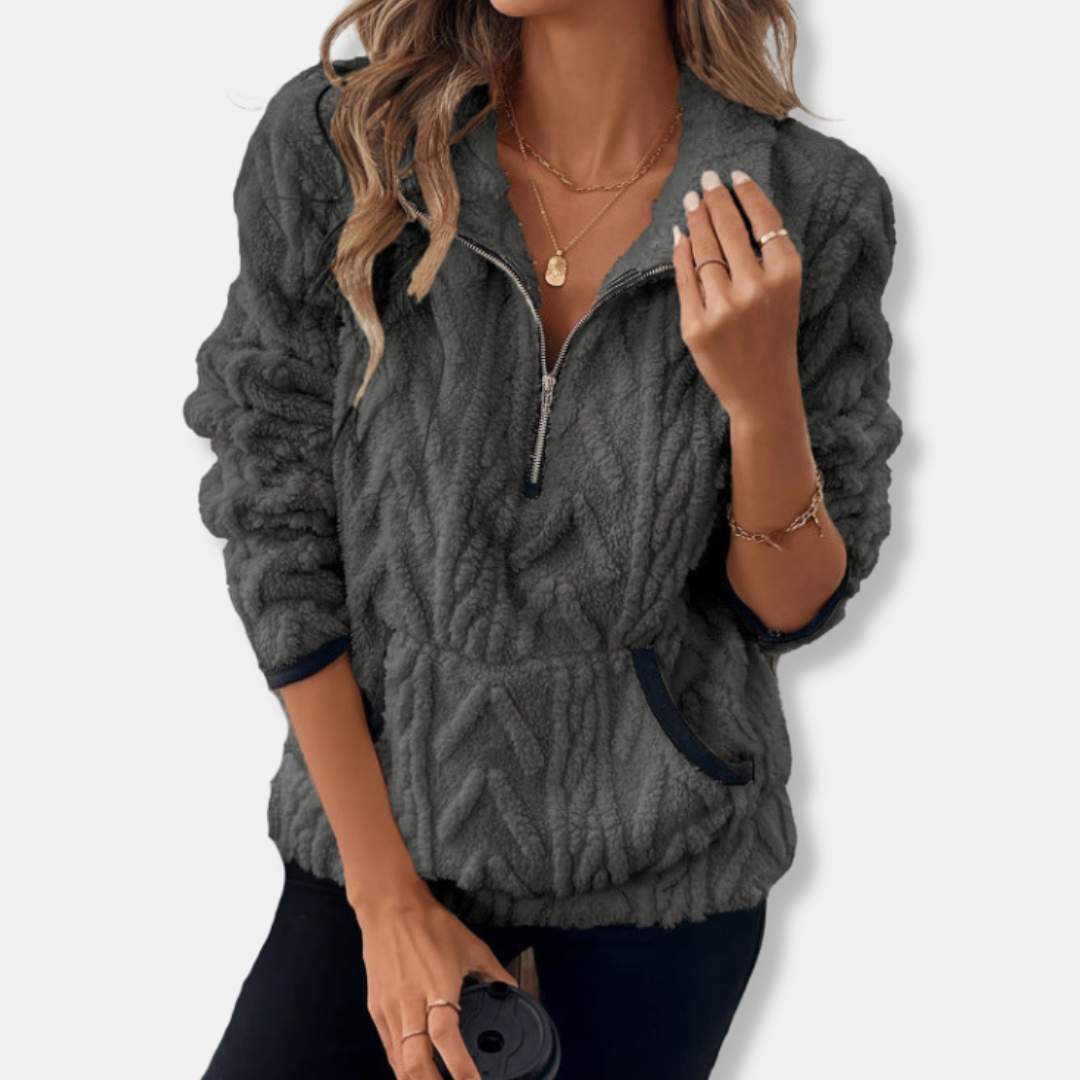Women’s Pullover Sweatshirt - Fleece - Stand Collar - Half-Zip - Kangaroo Pocket