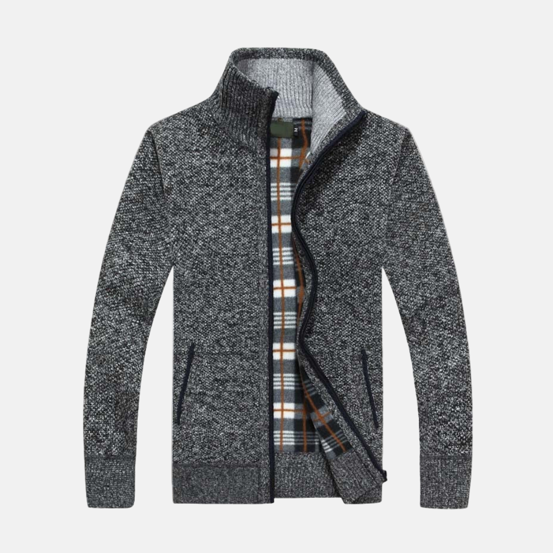 Mens Knit Texture Jacket With Fleece Lining Ribbed Collar Cuffs Hem For Versatile Layering And Classic Style