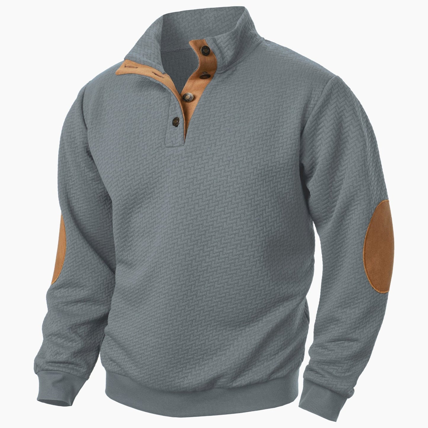 Men's Casual Sweatshirt with Relaxed Fit Stand Collar Textured Fabric and Elbow Patches