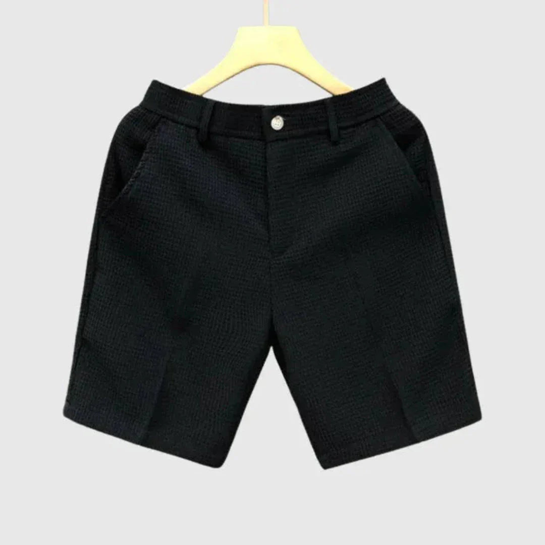 David Solid Color Textured Cotton Shorts For Men Belt Loops And Button Closure Breathable Summer Casual Shorts