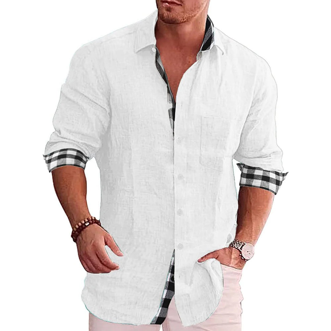 Men's Slim Fit Black Linen Shirt With Long Sleeves Button Closure Contrast Cuffs Nordic Flair