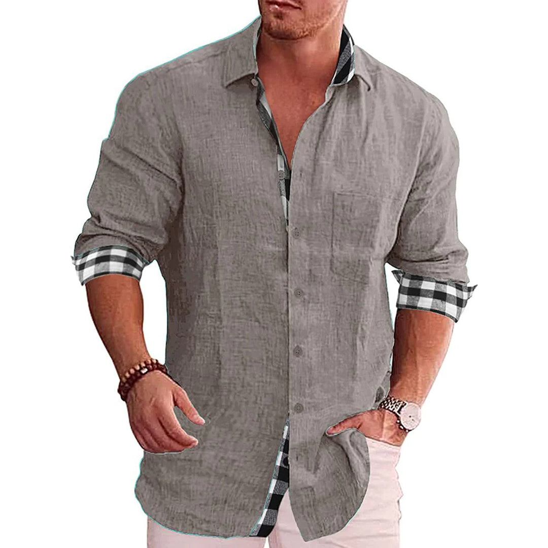 Men's Slim Fit Black Linen Shirt With Long Sleeves Button Closure Contrast Cuffs Nordic Flair