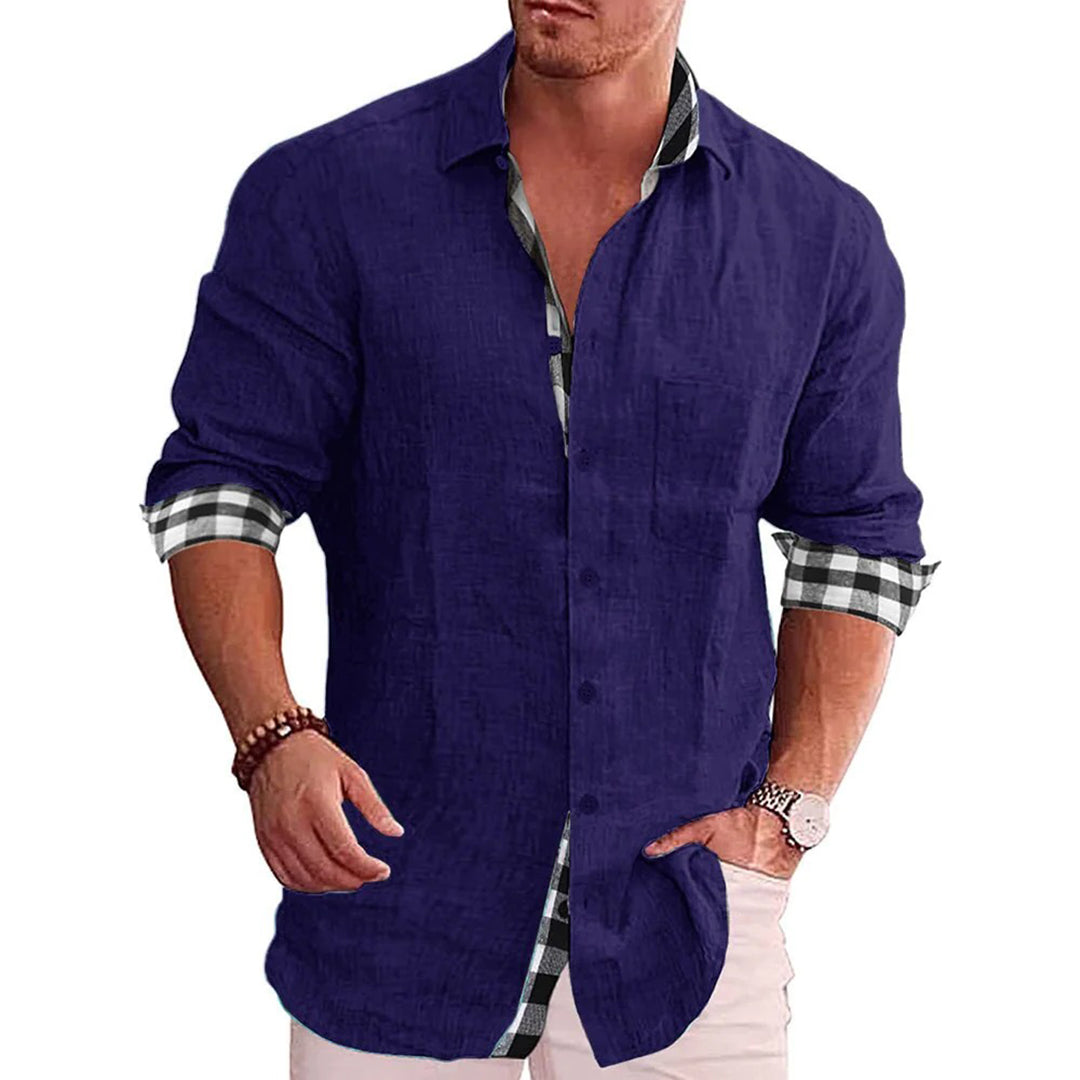 Men's Slim Fit Black Linen Shirt With Long Sleeves Button Closure Contrast Cuffs Nordic Flair