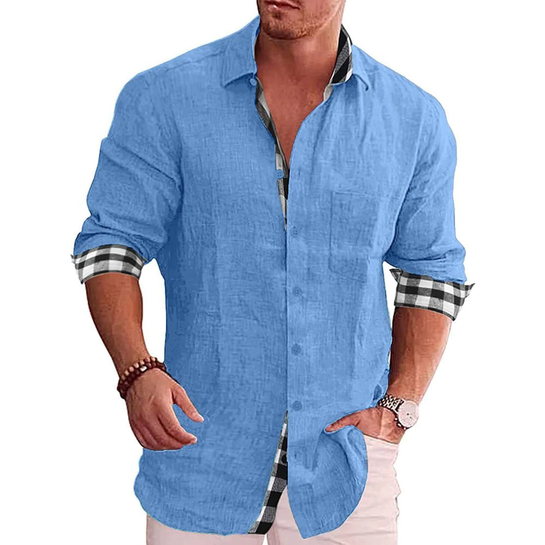 Men's Slim Fit Black Linen Shirt With Long Sleeves Button Closure Contrast Cuffs Nordic Flair