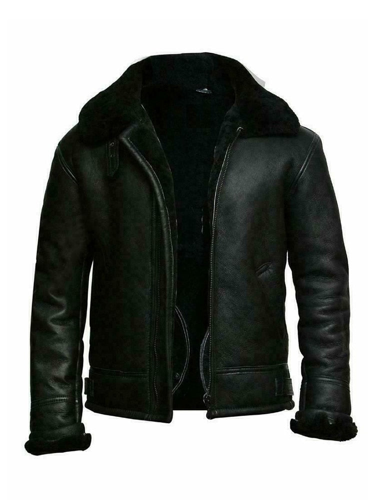 Mens Slim Fit Leather Look Jacket With Shearling Lining Short Length Zip Front Winter