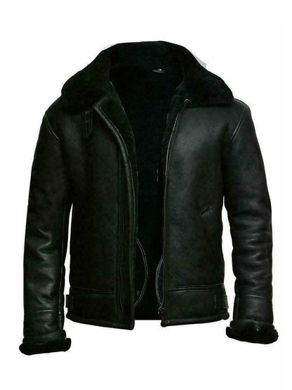 Mens Slim Fit Leather Look Jacket With Shearling Lining Short Length Zip Front Winter