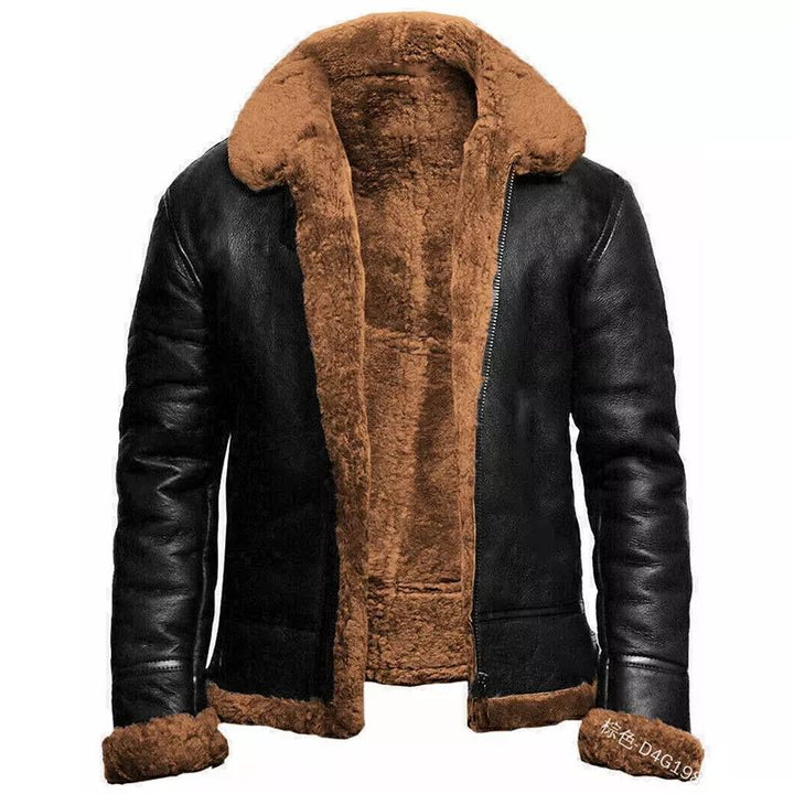 Mens Slim Fit Leather Look Jacket With Shearling Lining Short Length Zip Front Winter