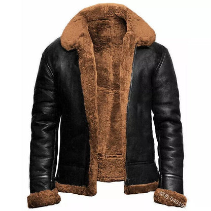 Mens Slim Fit Leather Look Jacket With Shearling Lining Short Length Zip Front Winter