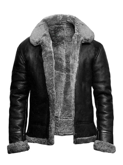 Mens Slim Fit Leather Look Jacket With Shearling Lining Short Length Zip Front Winter