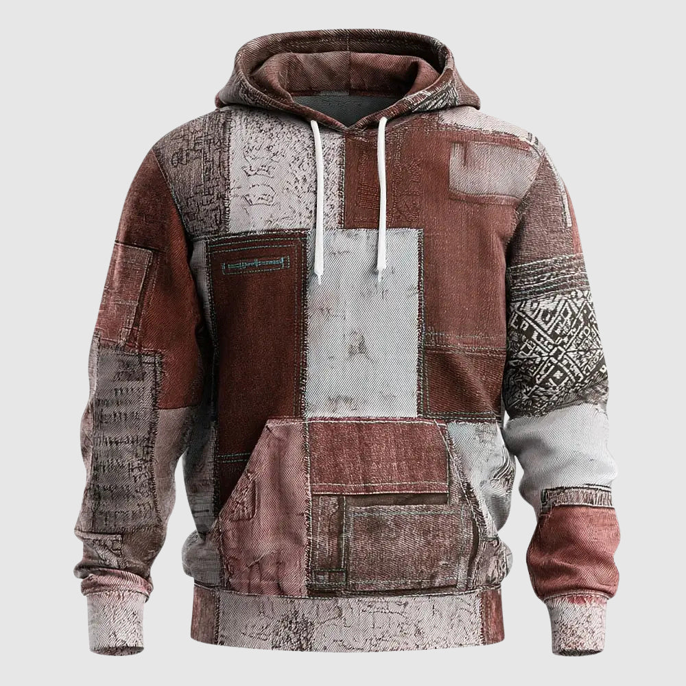 Denim Patchwork Street Style Hoodie For Men By TrendAura With Rugged Patchwork Denim And Cozy Interior