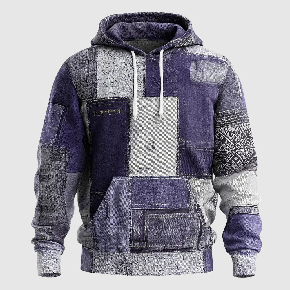 Denim Patchwork Street Style Hoodie For Men By TrendAura With Rugged Patchwork Denim And Cozy Interior