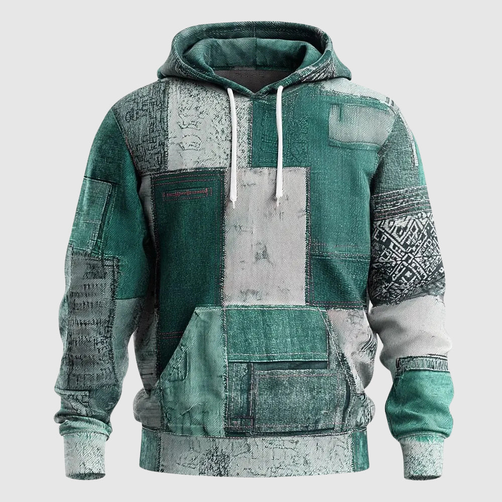 Denim Patchwork Street Style Hoodie For Men By TrendAura With Rugged Patchwork Denim And Cozy Interior