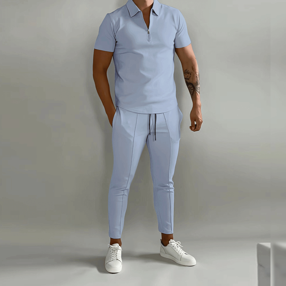 Paul Mens Navy Casual Everyday Comfort Short Sleeve Zip Polo Two Piece Set with Tapered Pants