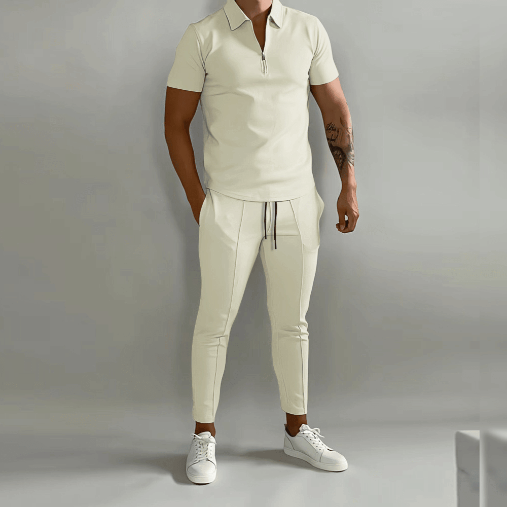 Paul Mens Navy Casual Everyday Comfort Short Sleeve Zip Polo Two Piece Set with Tapered Pants