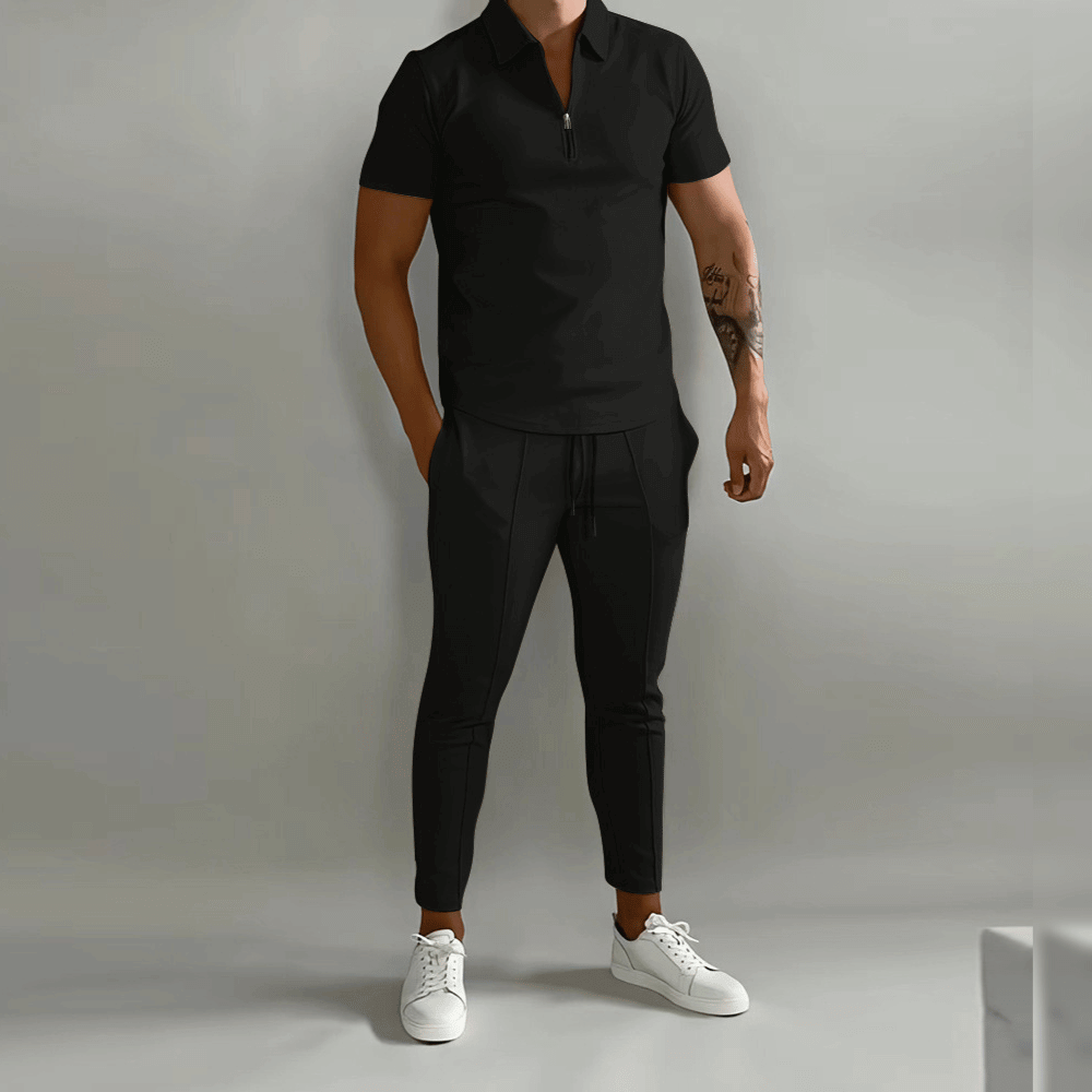 Paul Mens Navy Casual Everyday Comfort Short Sleeve Zip Polo Two Piece Set with Tapered Pants