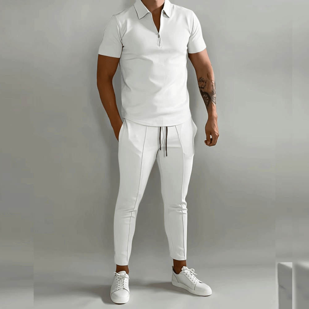 Paul Mens Navy Casual Everyday Comfort Short Sleeve Zip Polo Two Piece Set with Tapered Pants