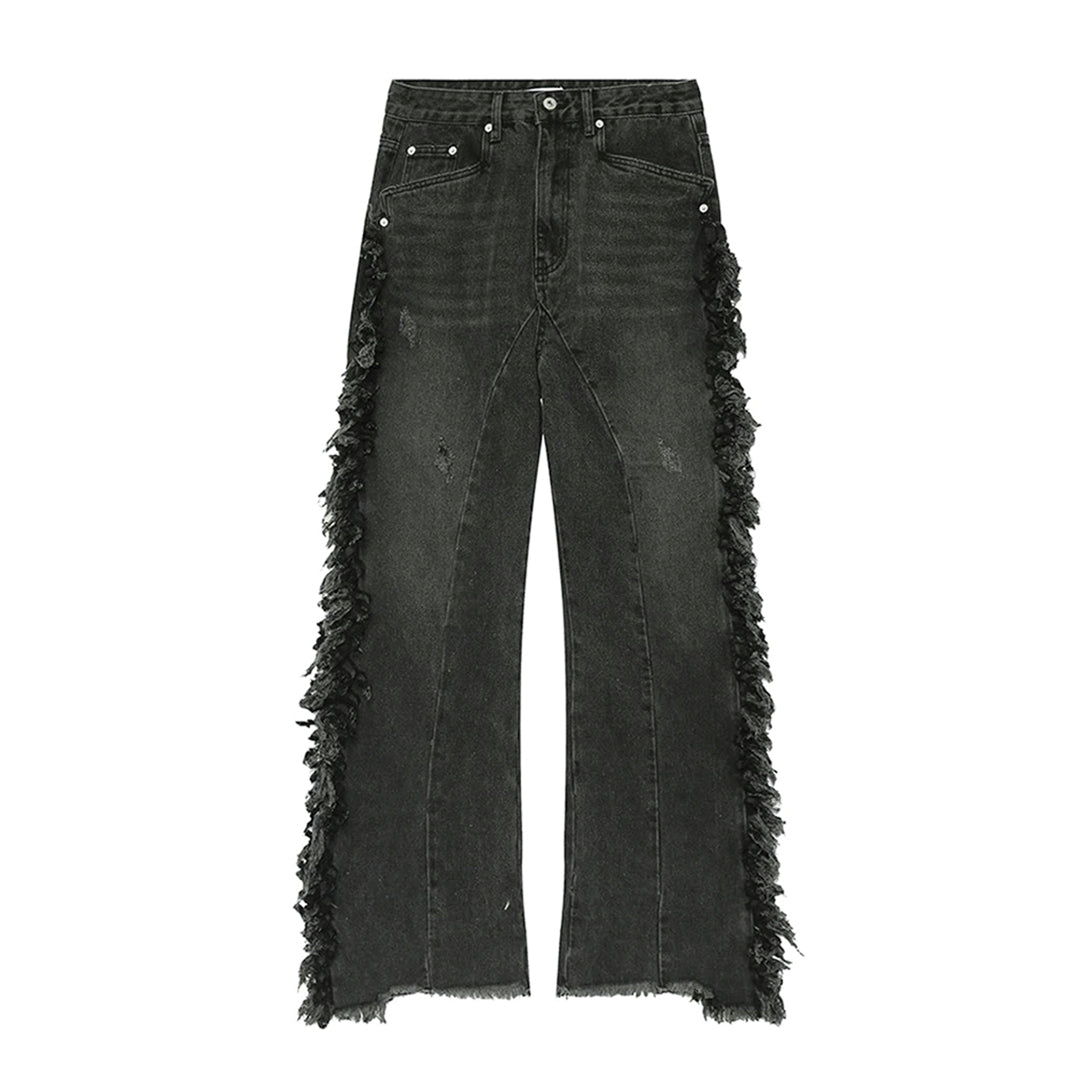 TrendAura Distressed Tassel Flared Jeans - Relaxed Baggy Fit With Tassel Detailing For Effortless Weekend Style
