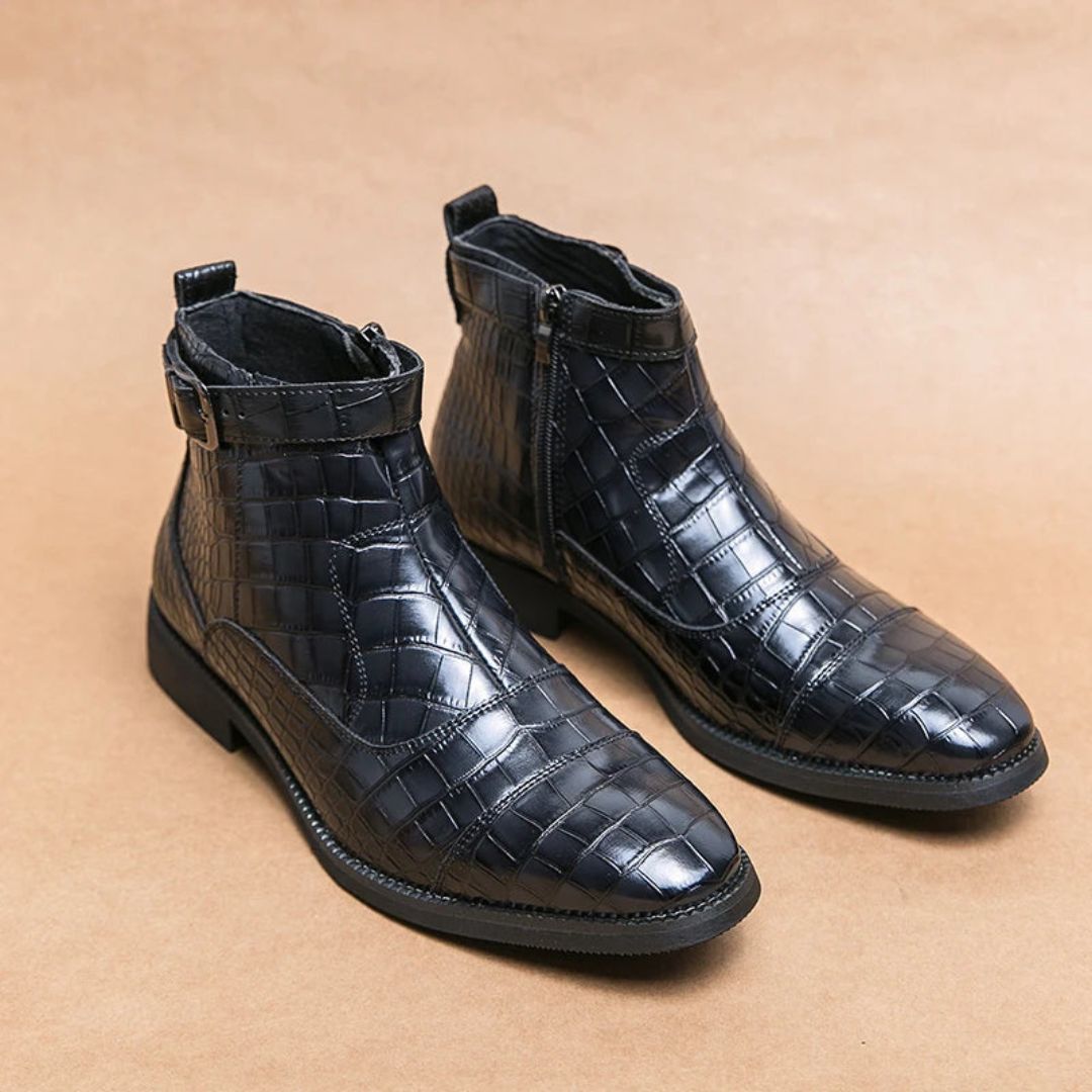 Donovan Luxe Croc Boots With Allover Faux Crocodile Leather Heritage Buckle Zip Closure With Stitched Sole Details