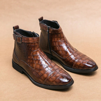 Donovan Luxe Croc Boots With Allover Faux Crocodile Leather Heritage Buckle Zip Closure With Stitched Sole Details