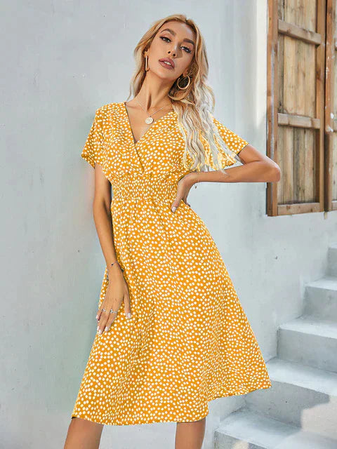 Women's Dress - A-line Cut - V-neck Wrap Design - Short-sleeved Polka Dotted