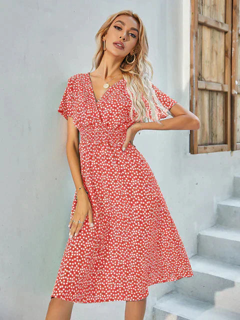 Women's Dress - A-line Cut - V-neck Wrap Design - Short-sleeved Polka Dotted