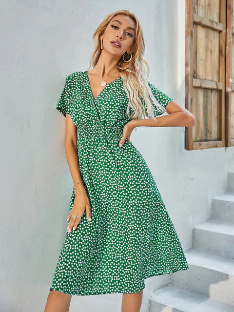 Women's Dress - A-line Fit - V-neck - Short-sleeved - Light and Comfortable