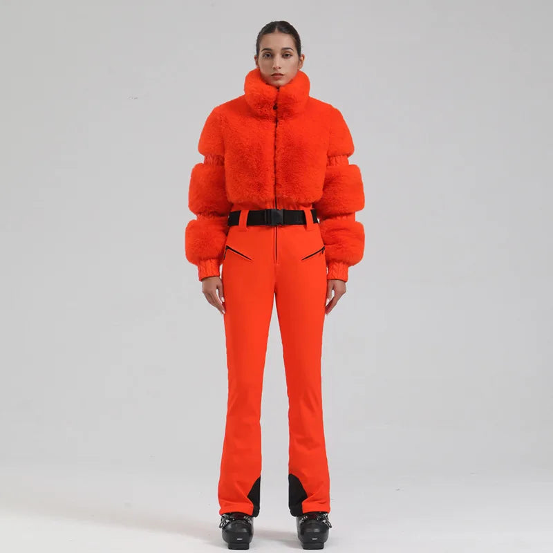 Womens One Piece Ski Suit With Faux Fur Windproof Insulated Snow Gear For Skiing