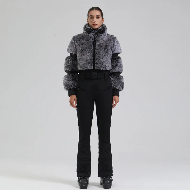 Womens One Piece Ski Suit With Faux Fur Windproof Insulated Snow Gear For Skiing