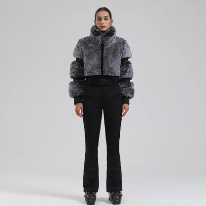 Womens One Piece Ski Suit With Faux Fur Windproof Insulated Snow Gear For Skiing