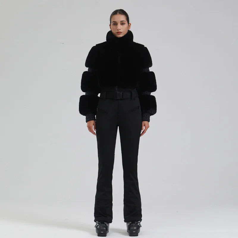 Womens One Piece Ski Suit With Faux Fur Windproof Insulated Snow Gear For Skiing