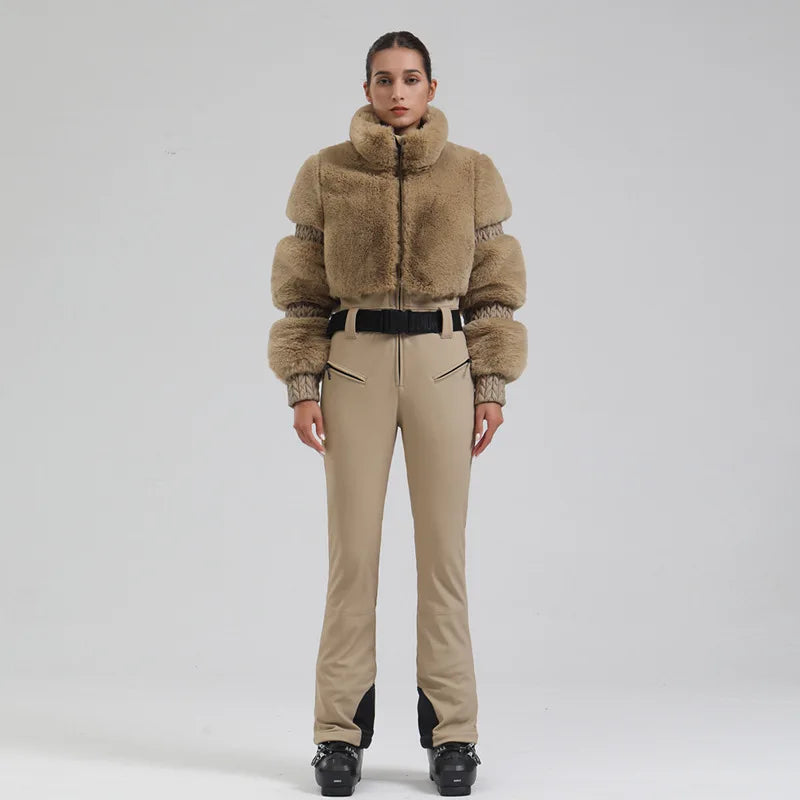 Womens One Piece Ski Suit With Faux Fur Windproof Insulated Snow Gear For Skiing