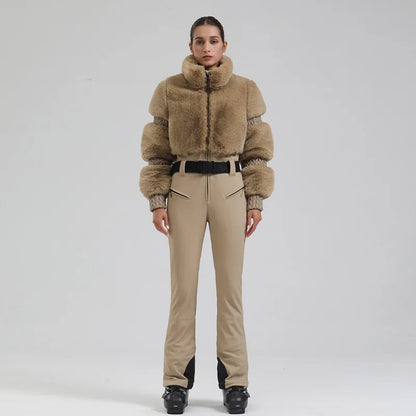 Womens One Piece Ski Suit With Faux Fur Windproof Insulated Snow Gear For Skiing