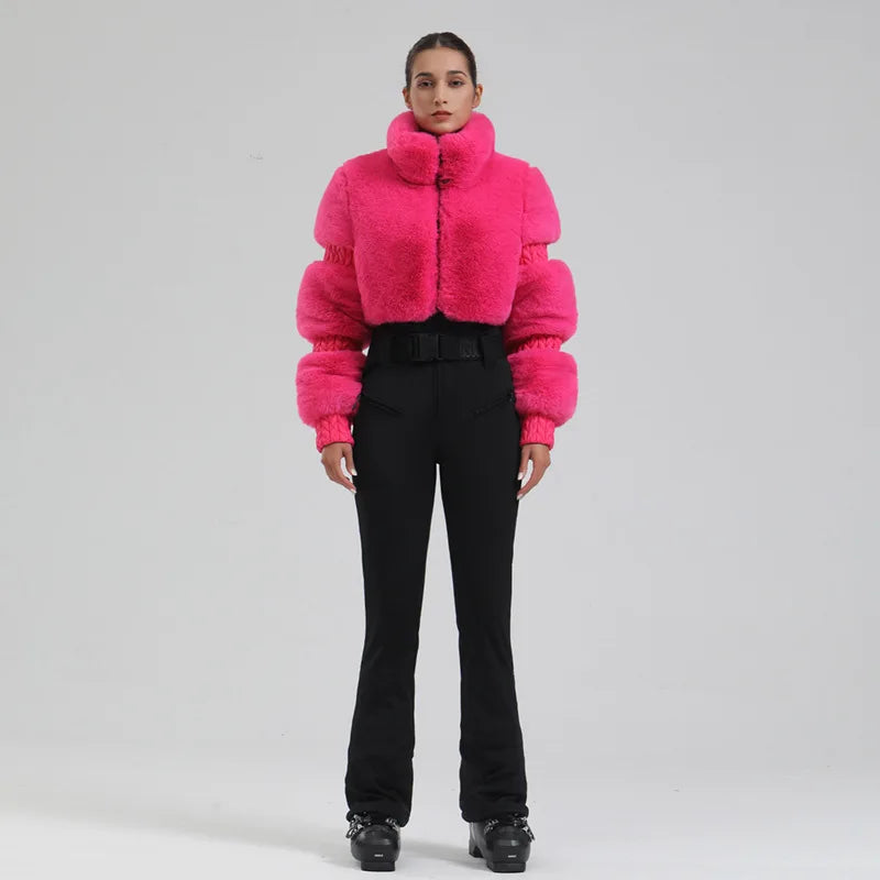 Womens One Piece Ski Suit With Faux Fur Windproof Insulated Snow Gear For Skiing