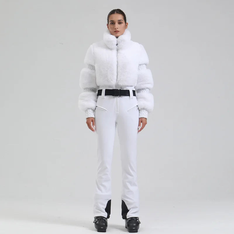 Womens One Piece Ski Suit With Faux Fur Windproof Insulated Snow Gear For Skiing