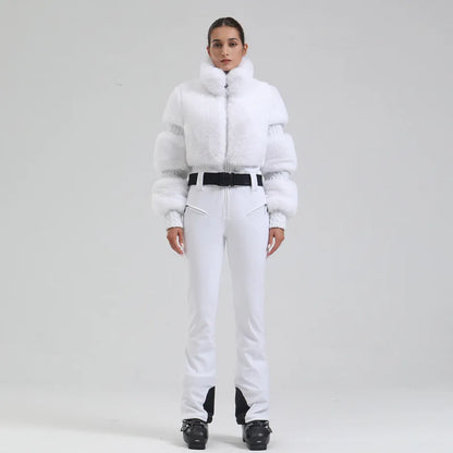 Womens One Piece Ski Suit With Faux Fur Windproof Insulated Snow Gear For Skiing