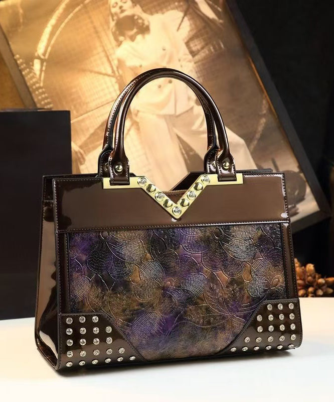 Sac fourre-tout élégant en cuir de veau gaufré avec zircons colorblock - TrendAura