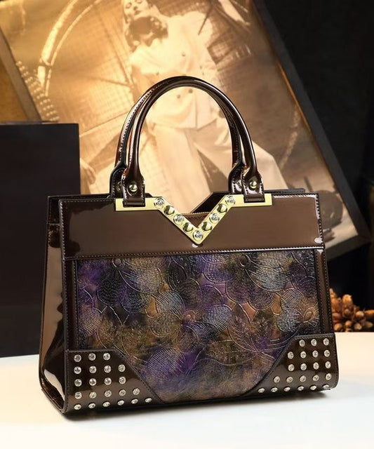Sac fourre-tout élégant en cuir de veau gaufré avec zircons colorblock - TrendAura