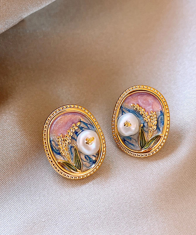 Boucles d'oreilles à tige élégantes en alliage de cuivre doré et émail perlé - TrendAura