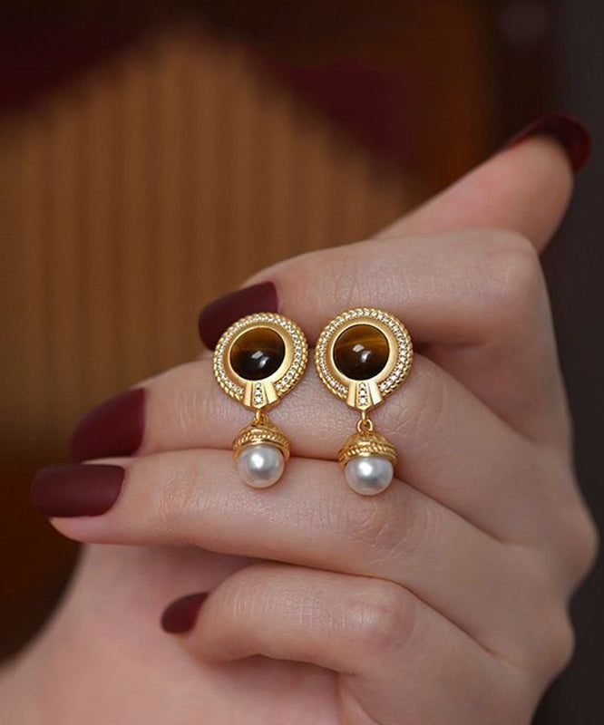 Boucles d'oreilles pendantes élégantes en argent sterling doré et perles - TrendAura