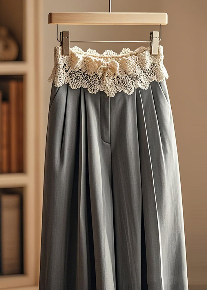Pantalon large élégant en dentelle patchwork grise froissée, automne - TrendAura