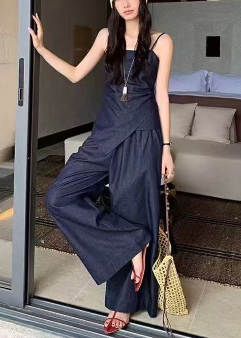 Tenue d'été élégante 2 pièces en denim bleu marine asymétrique et ajusté - TrendAura