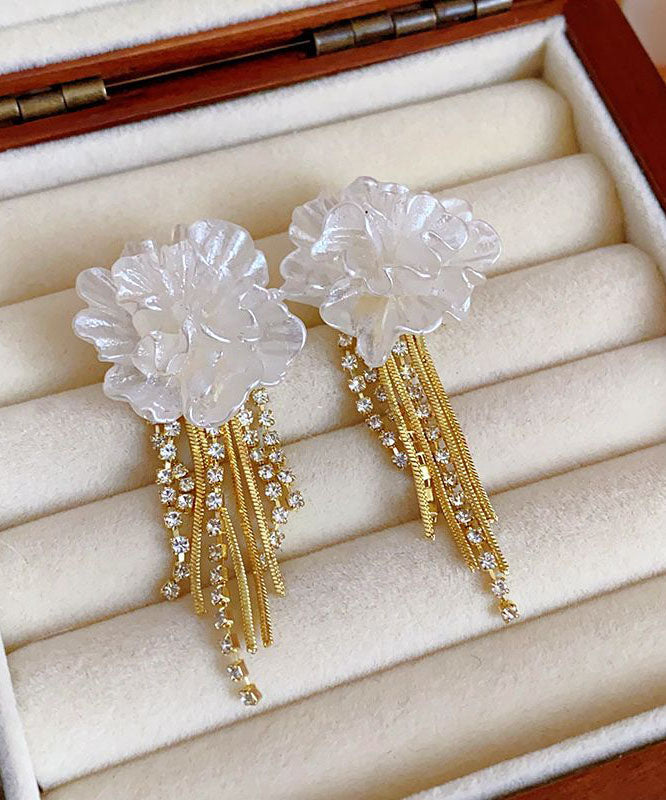 Boucles d'oreilles pendantes élégantes en argent sterling blanc doré à motif floral et pompon - TrendAura