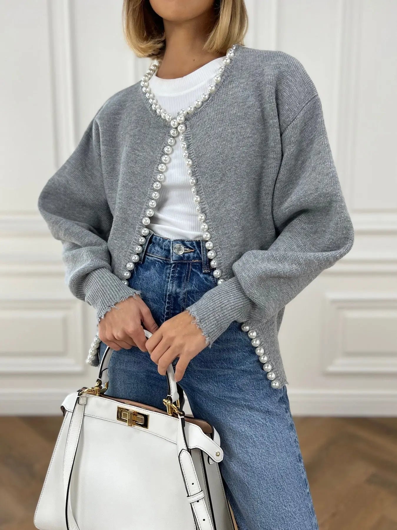 Elegant Pearl Trim Cardigan for Women – Stylish & Versatile Layering Piece