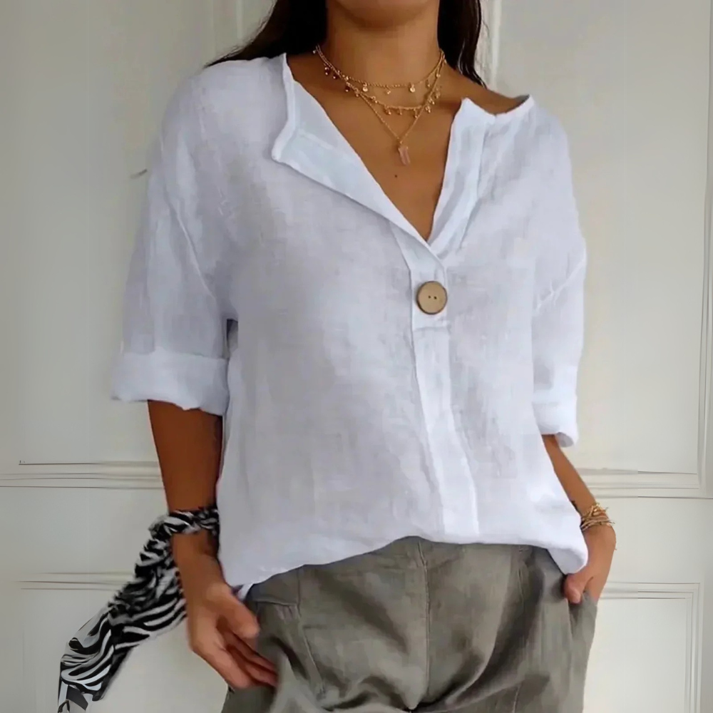Elegant women's linen blouse with V-neckline