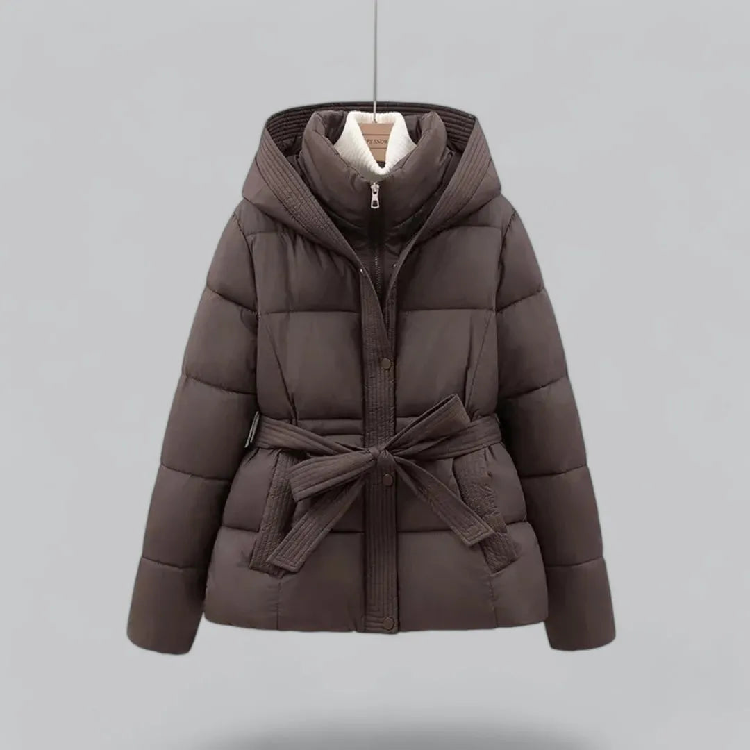 Elegant hooded puffer jacket with belt