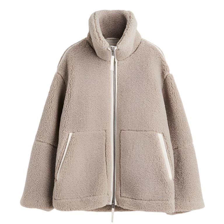 Elegant oversized fleece jacket with stand-up collar