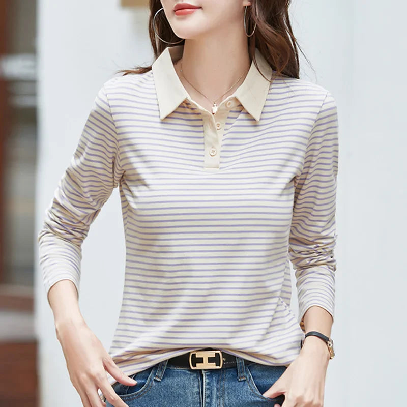 Elegant long-sleeve polo shirt women made of cotton