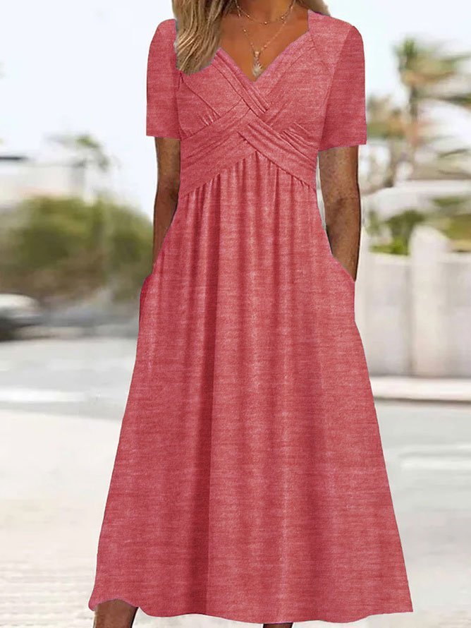 Elegant maxi summer dress long with V-neck and pockets