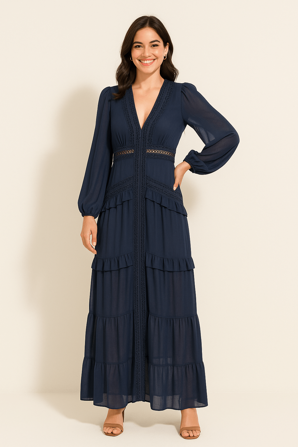 Elegant maxi dress with ruffles and V-neckline