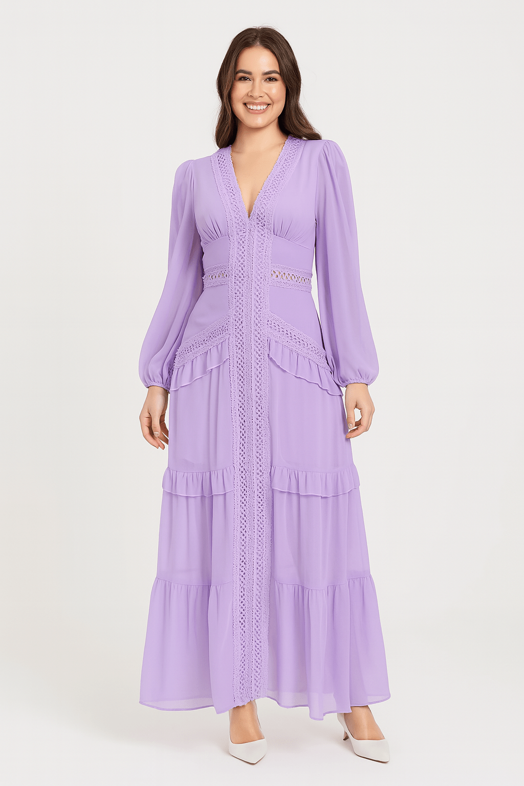 Elegant maxi dress with ruffles and V-neckline